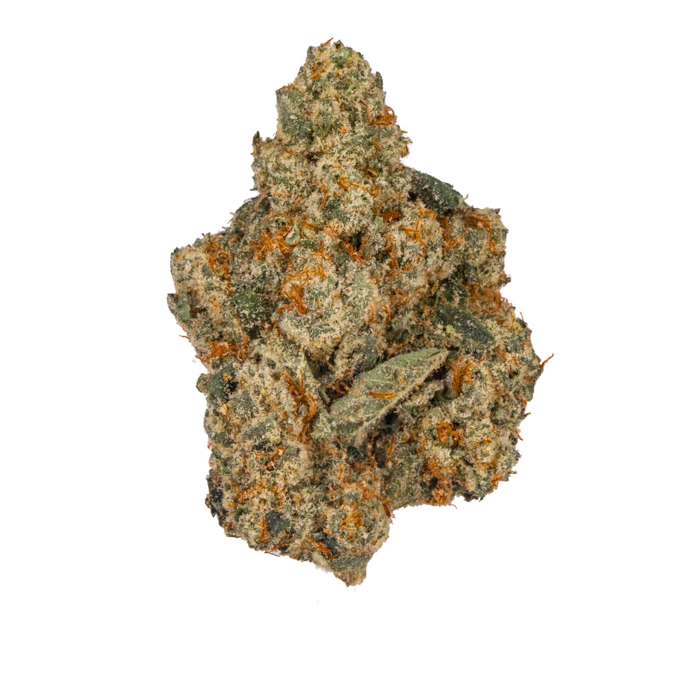 Close-up of Lemon Popperz cannabis flower bud with trichomes and orange hairs