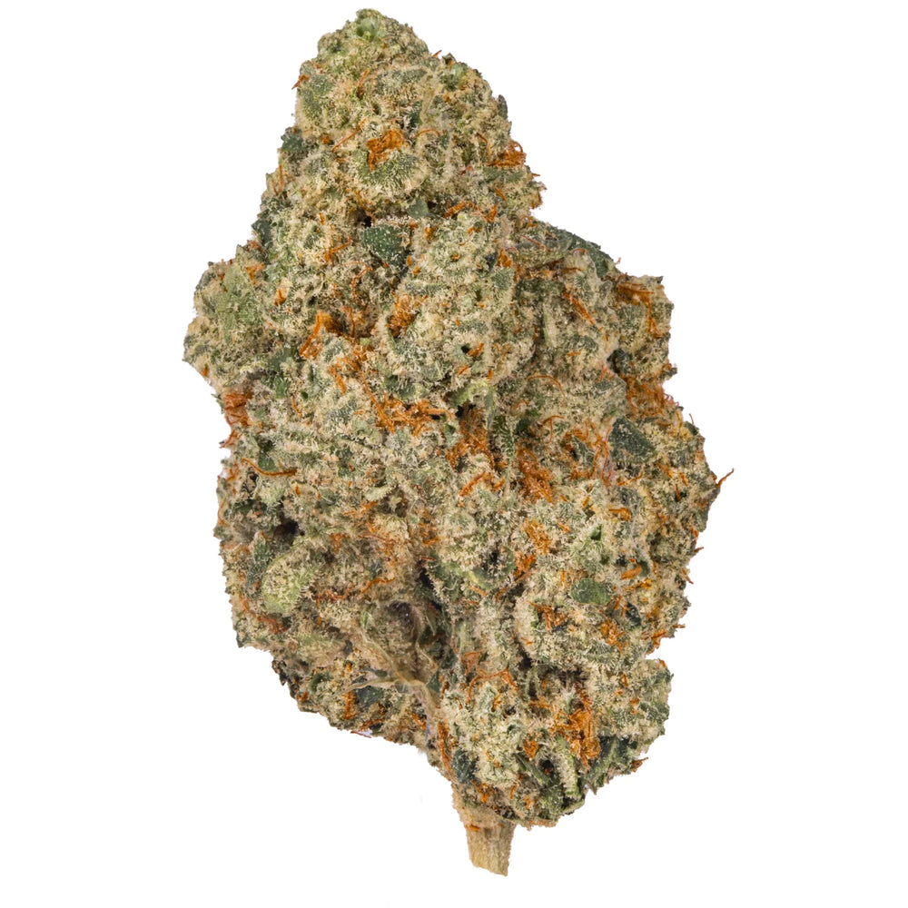 Close-up of a dense cannabis bud with green, orange, and frosty trichomes